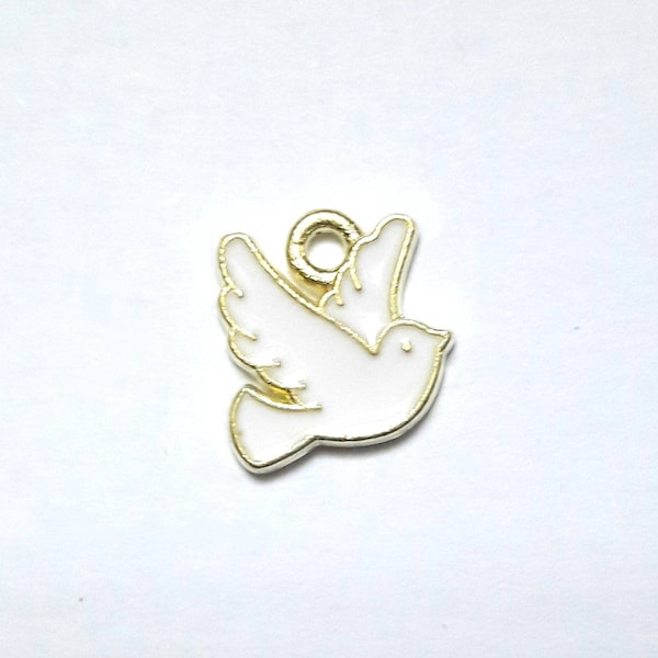 1 flat dove bead charm, peace, enameled colors with golden borders