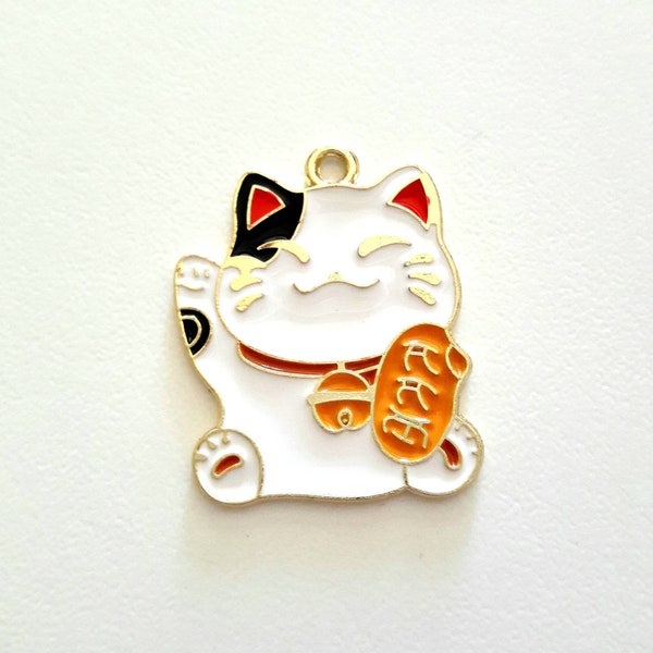 1 Japanese lucky cat bead charm, maneki neko, flat, enameled colors