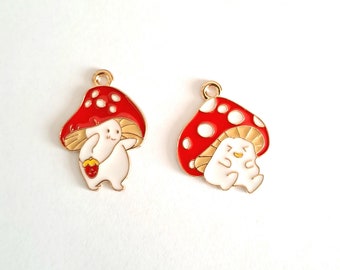 Duo charms: mushroom couple, gold metal, enameled colors