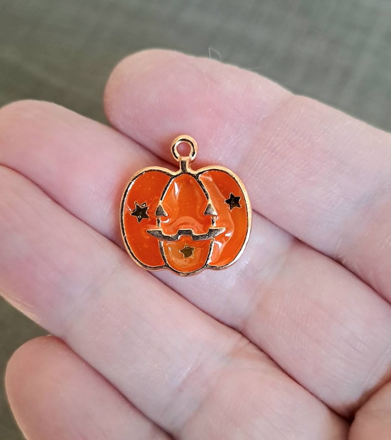 1 halloween pumpkin bead charm, resin with golden borders image 1