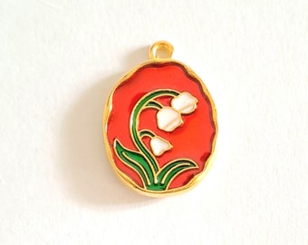 1 lucky lily of the valley pendant enameled colors with golden borders 18 x 15 mm