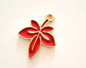 1 red maple leaf charm enamelled colors with golden borders 22 x 17 mm