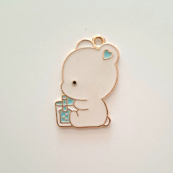 1 white bubble tea teddy bear bead charm, enameled colors, golden outlines