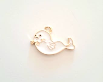 1 flat pearl charm baby seal enameled colors gold borders