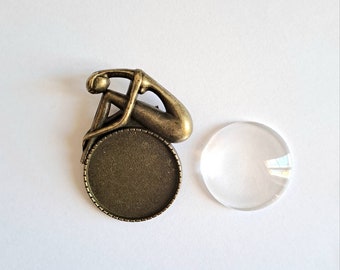 Support pin for 25 mm cabochon, bronze stainless steel and 1 25 mm transparent resin cabochon