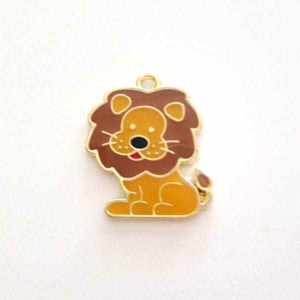 1 flat lion bead charm, enameled colors with golden borders