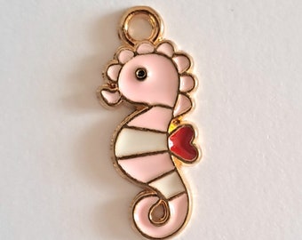 1 breloque perle médaillon hippocampe rose et blanc couleurs émaillées