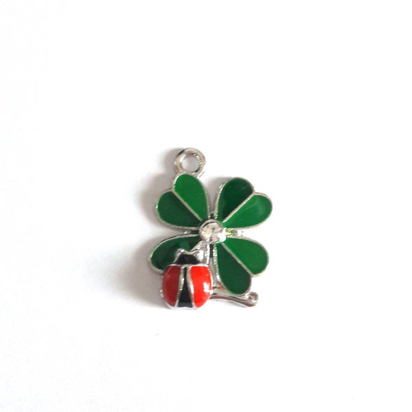 1 flat bead charm, double lucky charm, ladybug and 4-leaf clover, enameled colors with golden borders