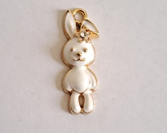 1 rhinestone flower rabbit bead charm, enameled colors with golden borders