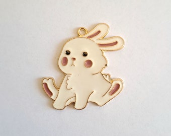 1 white rabbit bead charm, enameled colors with golden borders