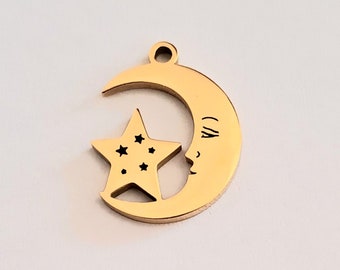 1 gold-colored stainless steel moon star pendant charm 15 x 15 mm