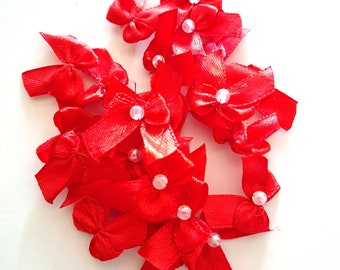 10 small transparent white pearl red satin ribbon bows 23 x 22 mm