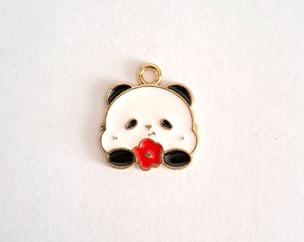 1 flat bead charm panda flowers enameled colors golden outlines 15 x 16 mm