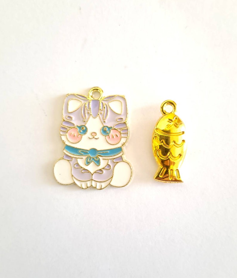 Gold metal cat and fish duo charms enamelled colors image 1