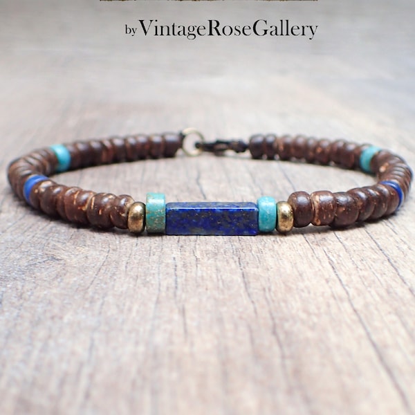 Men's Tribal Bracelet,  Boho Mens Bracelet, Lapis Lazuli - Turquoise Stackable Bracelet , Friendship Bracelet by VintageRoseGallery