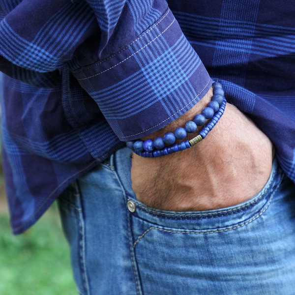 Pulsera azul para hombre, pulseras para hombre Lapis Lazuli, pulsera Boho para hombre, regalo de Navidad, regalo para él, pulseras azules de VintageRoseGallery