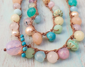 Crocheted Gemstone Necklace: Pastel Boho Chic Statement Jewelry