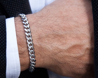 Stainless Steel Chain Bracelet for Men: Silver Gourmet Curb Link