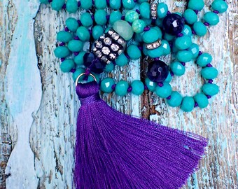 Lila Seide Quaste Halskette: Boho Grün Kristall & Amethyst Edelstein Statement