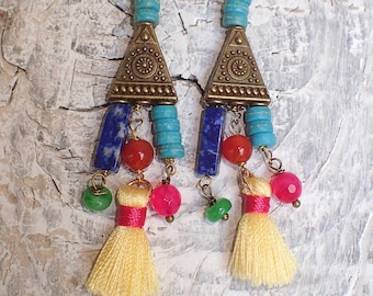 Colourful Mexican Aztec Earrings,  Colourful  Bohemian Earrings, Boho Artistic Earrings, Chandelier Earrings by VintageRoseGallery