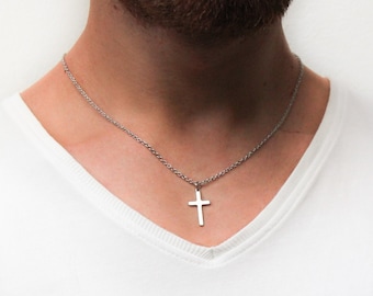 Mens Silver Cross  Necklace, Stainless Steel Cross Necklace, Small Cross Necklace, Boy Cross Necklace, Unisex Necklace by VintageRoseGallery