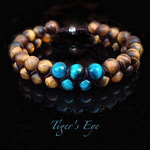 Pulsera de ojo de tigre con cuentas dobles para hombre, pulsera de ojo de tigre turquesa, piedras preciosas de ojo de tigre genuinas, pulseras dobles de VintageRoseGallery