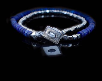 メンズ ラピスラズリ ダブルラップブレスレット：スターリングシルバー 