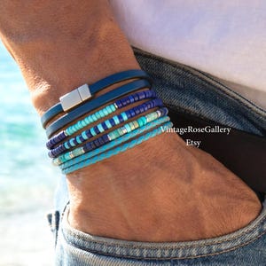 Men&#39;s Turquoise Lapis Lazuli Bracelet Set: Gemstone & Leather