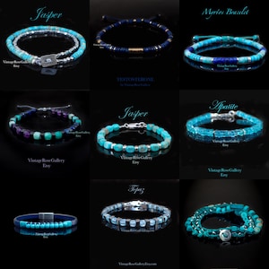 May include: A selection of gemstone bracelets in shades of blue and turquoise. The bracelets showcase diverse stone shapes and designs, including Jasper, Topaz, and Apatite. Some bracelets have silver clasps and accents.
