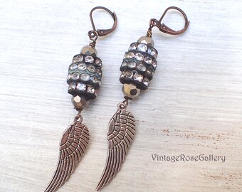 Angel Wing Dangle Earrings: Hematite Rhinestone Boho Statement