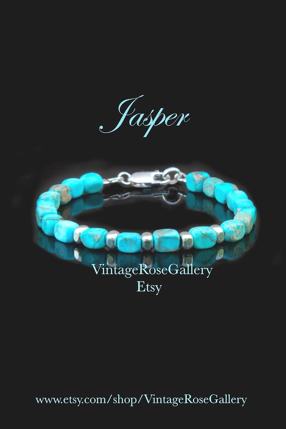 Mens Jasper Bracelet, Turquoise Jasper Gemstones Mens Bracelet, Sterling Silver, Luxury Bracelets by VintageRoseGallery
