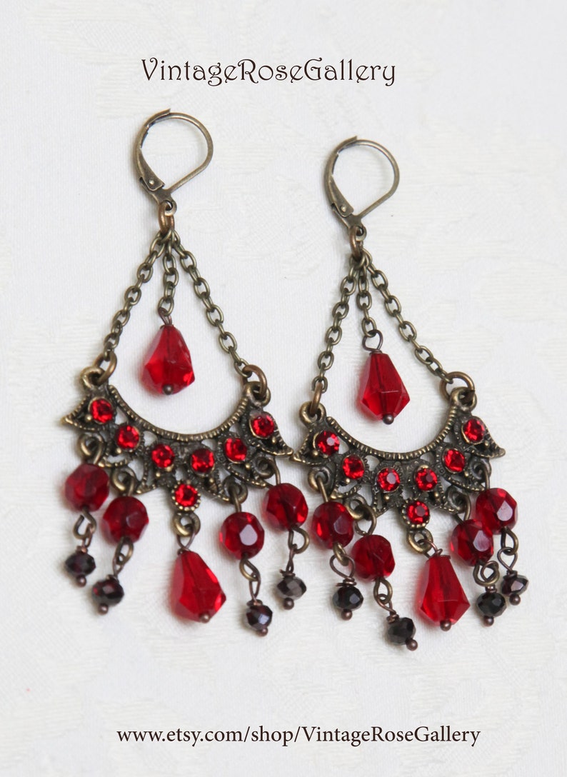 Red Chandelier Earrings, Boho Red Burgundy Earrings, Bohemian Red Earrings , Artistic Earrings image 2
