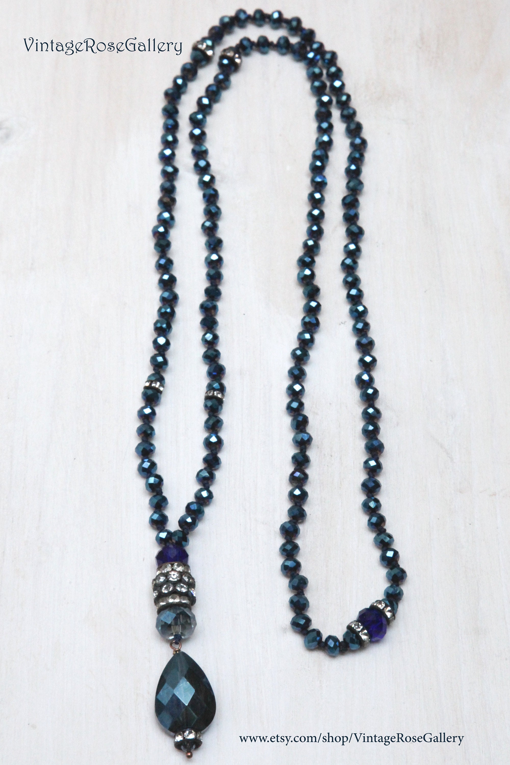 Collier Sautoir En Cristal De Bohème Bleu - Longueur 122 Cm - Pendentif Croix - Occasion