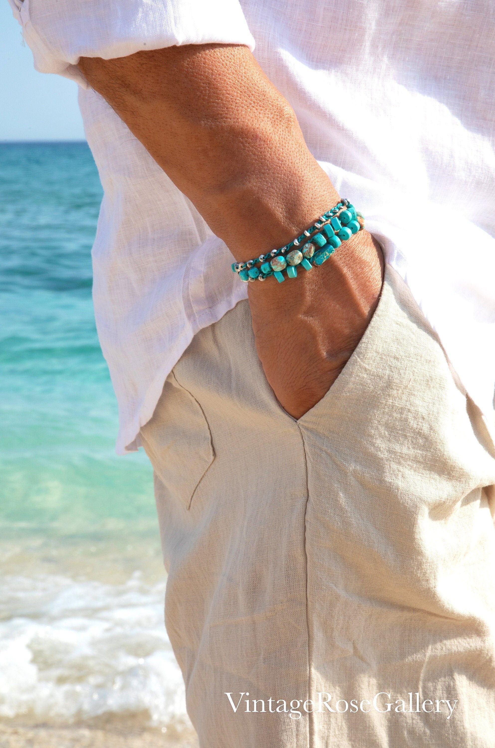 Mens Turquoise Bracelet Necklace: Multi Strand Gemstone Wrap - Etsy