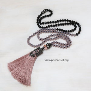 Dusty Pink Silk Tassel Necklace: Vintage Rhinestone Boho Statement