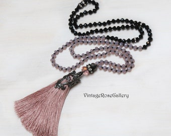 Dusty Pink Silk Tassel Necklace, Pink Black Tassel Necklace, Statement Necklace, Boho Chic Necklace  by VintageRoseGallery