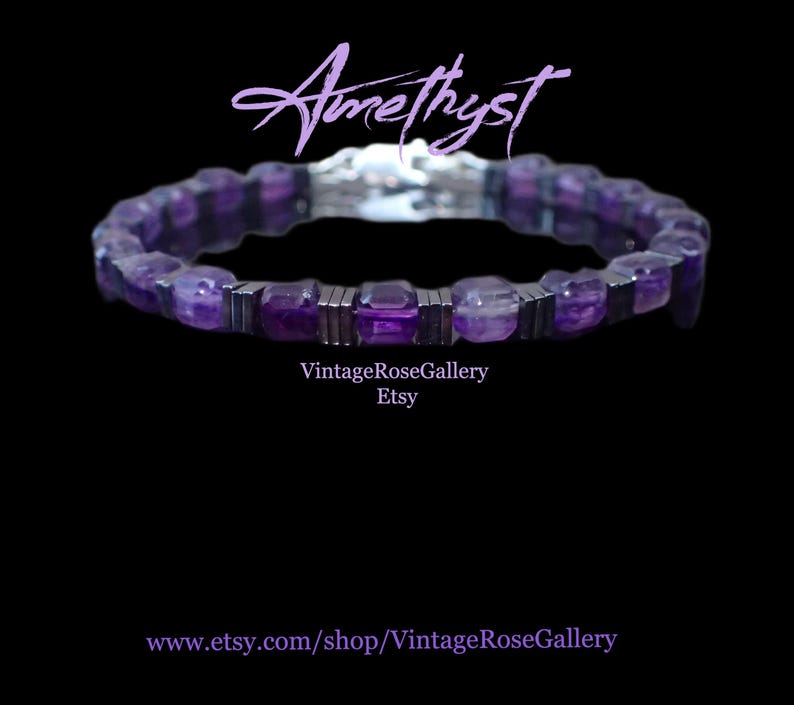 May include: A purple amethyst bracelet with silver metal detailing. The bracelet is made up of amethyst stones and rectangular metal links. The word "Amethyst" is written in cursive at the top of the image.