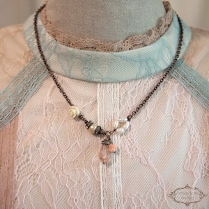 Shabby Chic Layered Charm Necklace: Romantic Pearl & Rose Jewelry