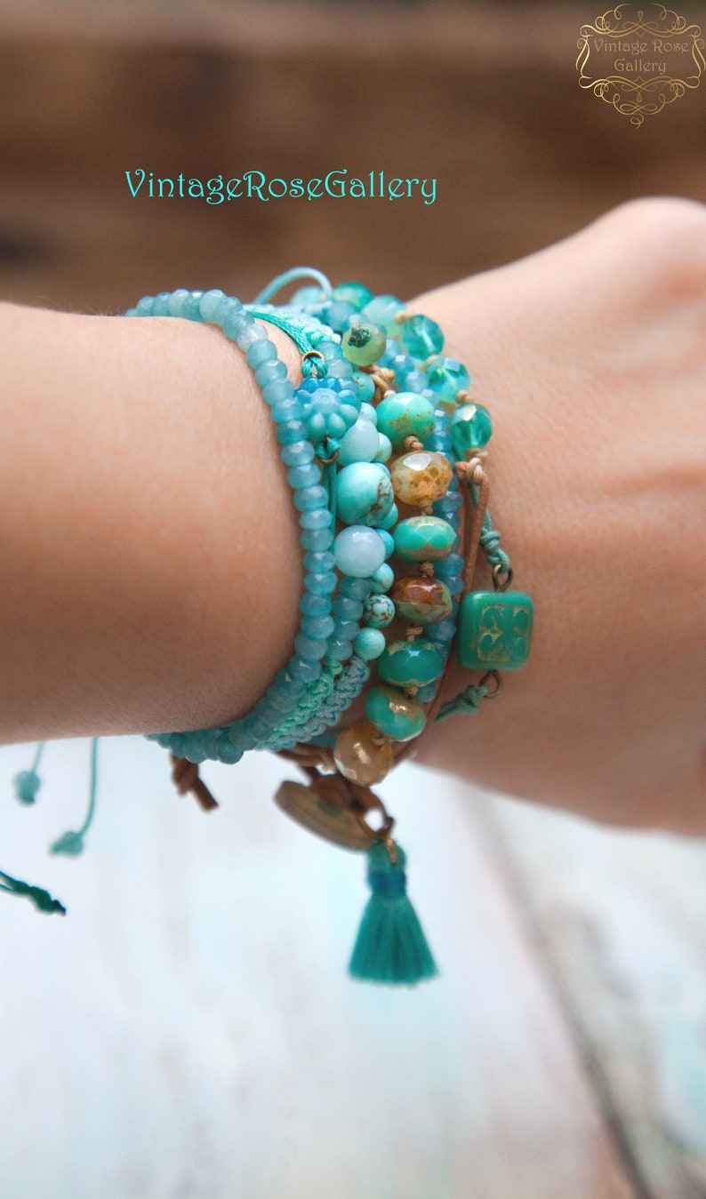 Blue Jade Gemstones Bracelet , Blue Jade Stack Bracelet, Layered Gemstones Bracelet, Friendship Bracelet by VintageRoseGallery zdjęcie 1