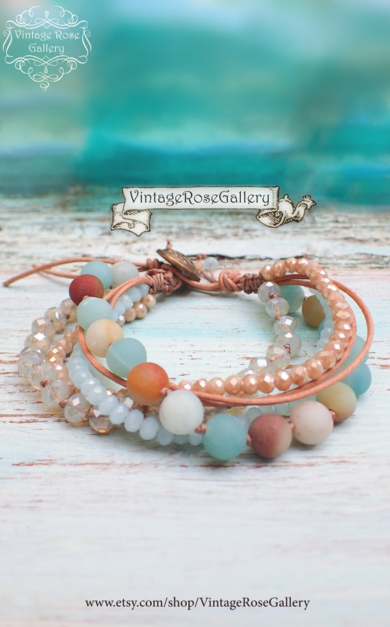 Boho Leather Multi Strand Bracelet: Marketplaceite & Crystal Gemstones