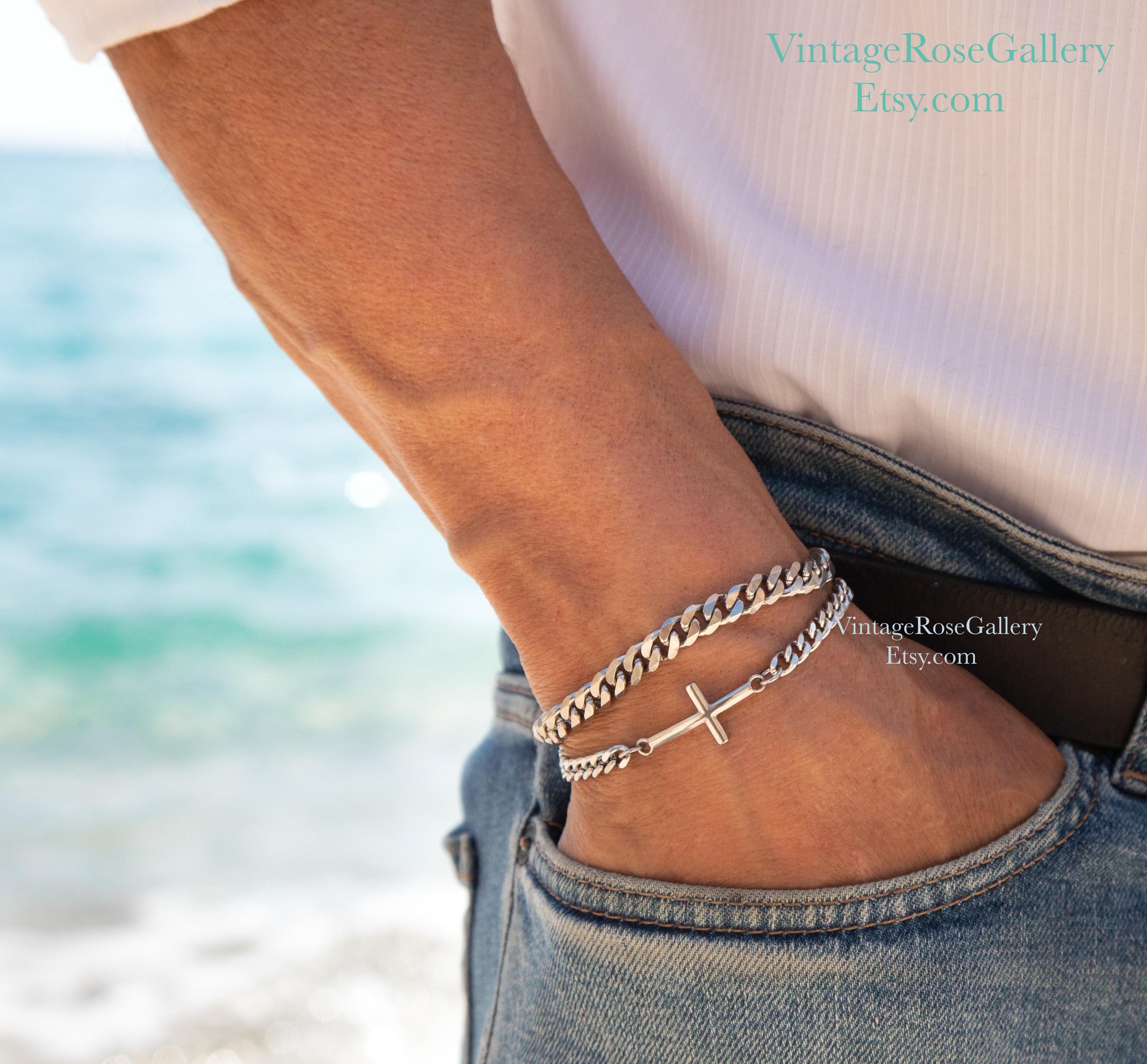 アクセサリー Vintage 50s Silver Chain Cross Bracelet CROSS Bracelet , Mens Silver Bracelet, Christmas Gift , Mens Gift