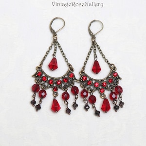 Red Chandelier Earrings, Boho Red Burgundy Earrings, Bohemian Red Earrings , Artistic Earrings image 1