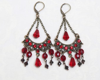 Red Chandelier Earrings, Boho Red Burgundy Earrings, Bohemian Red  Earrings , Artistic Earrings