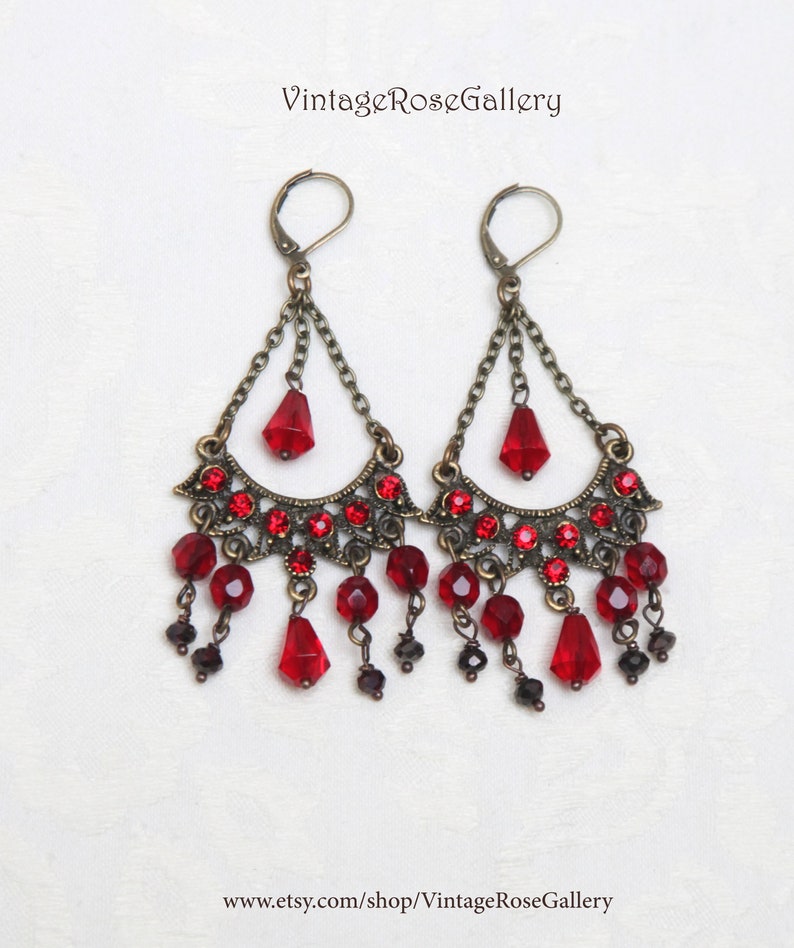 Red Chandelier Earrings, Boho Red Burgundy Earrings, Bohemian Red Earrings , Artistic Earrings image 1
