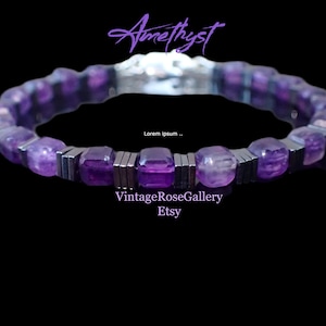 May include: A purple amethyst bracelet with rectangular and rounded beads. The bracelet has silver-coloured metal accents and is set against a black background. The word "Amethyst" is written in purple script at the top, and "VintageRoseGallery Etsy" is at the bottom.