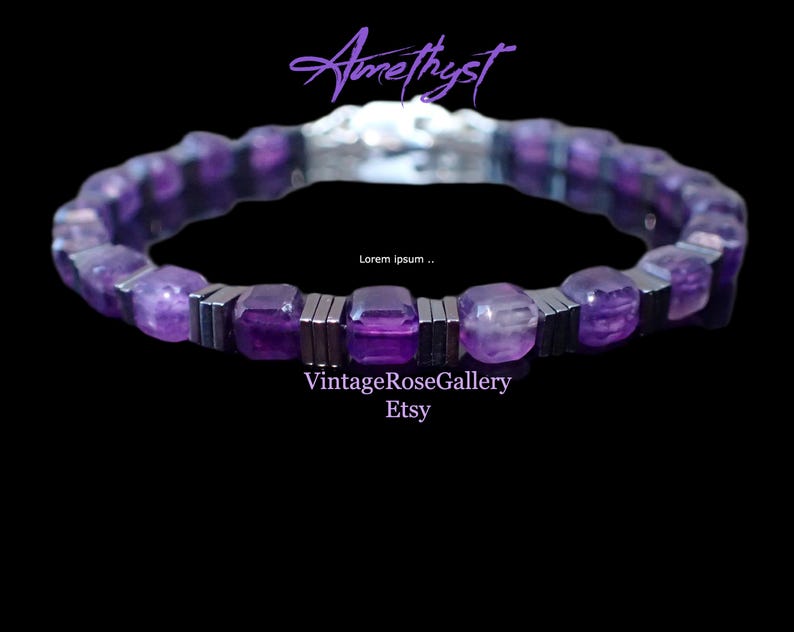May include: A purple amethyst bracelet with rectangular and rounded beads. The bracelet has silver-coloured metal accents and is set against a black background. The word "Amethyst" is written in purple script at the top, and "VintageRoseGallery Etsy" is at the bottom.