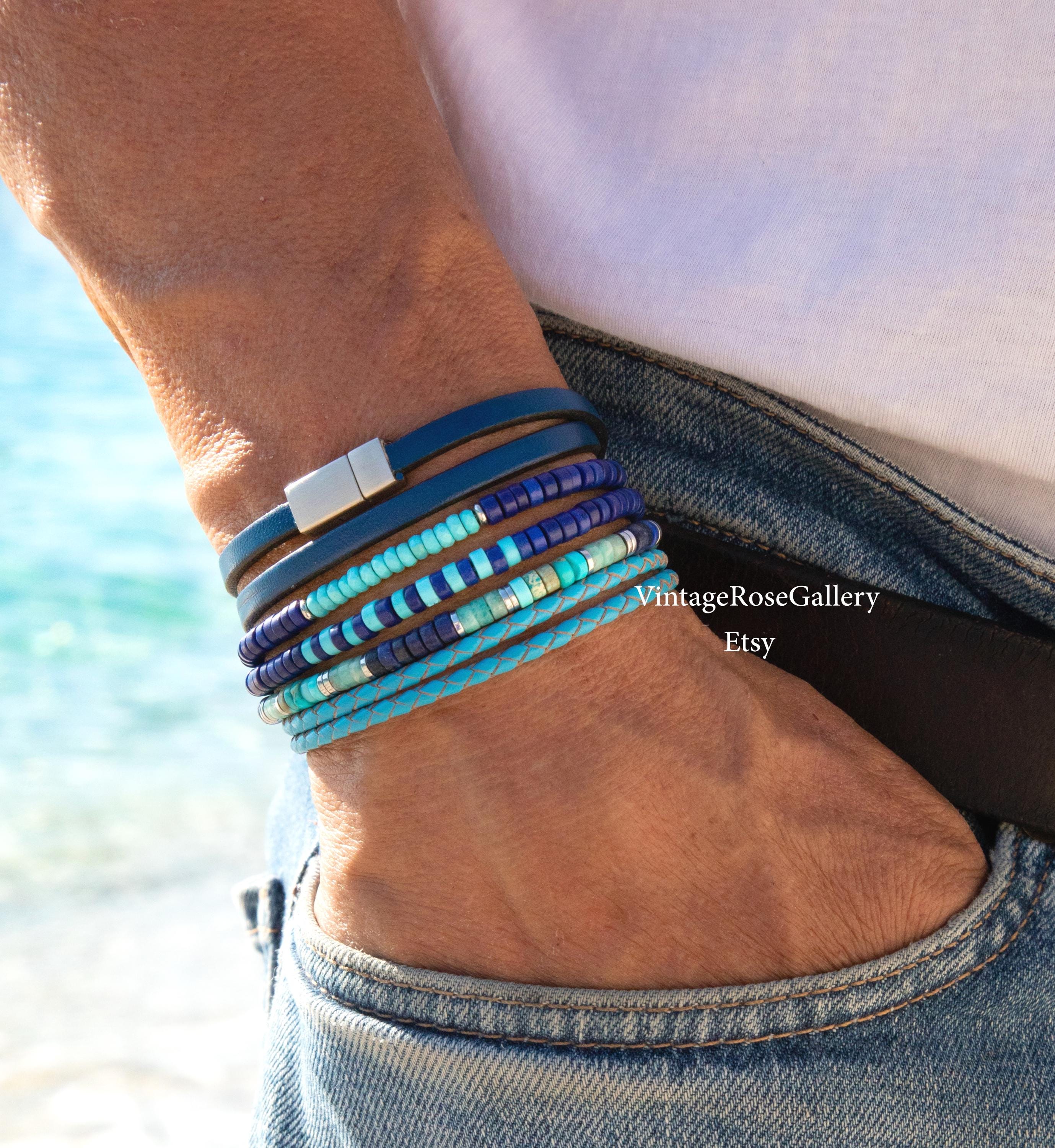 Men's Turquoise Lapis Lazuli Bracelet Set: Gemstone & Leather