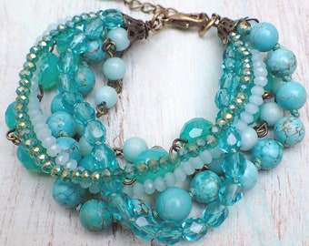Turquoise Multi Strand Bracelet: Boho Beaded Gemstone Jewelry