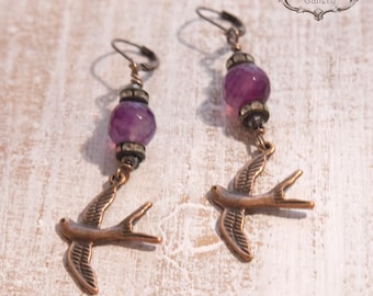 Purple Boho Chic Earrings, Sparrow Earrings, Rustic Earrings, Agate, Gift for Her  by VintageRoseGallery