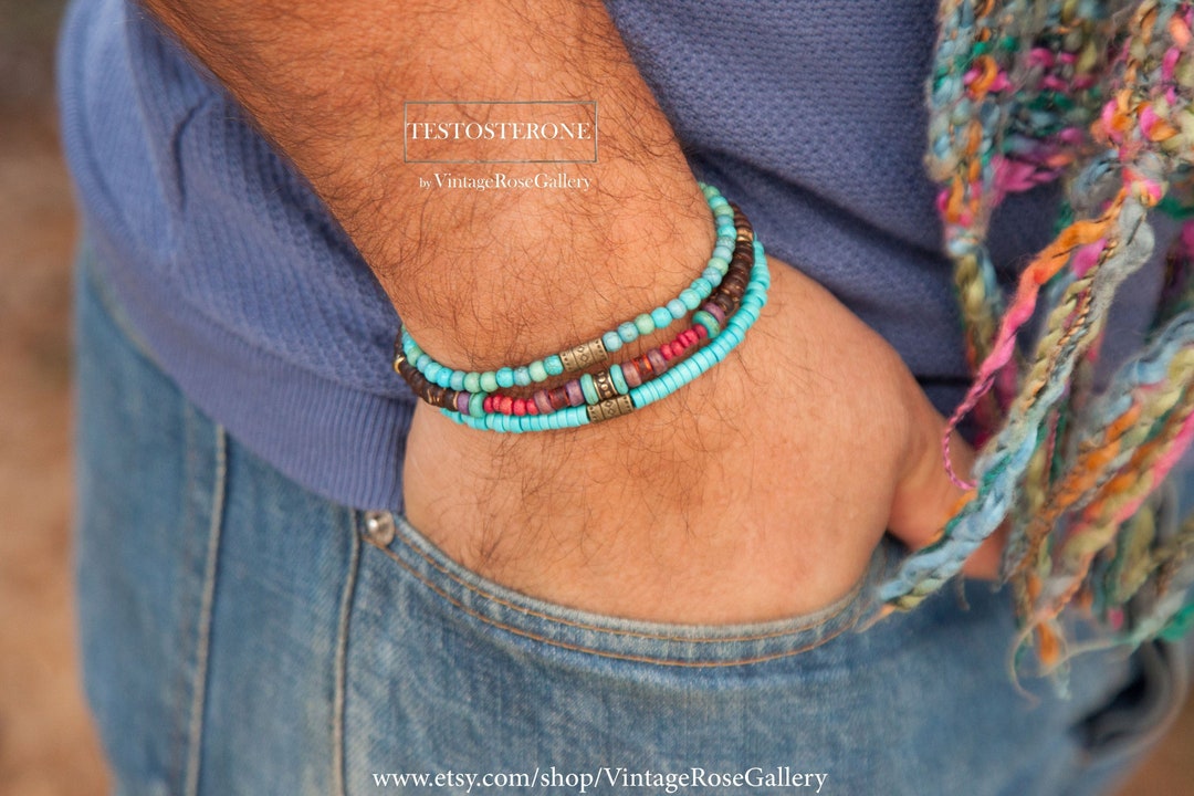 Mens Tribal Bracelets, Boho Men Bracelet, Turquoise Gemstones Bracelet